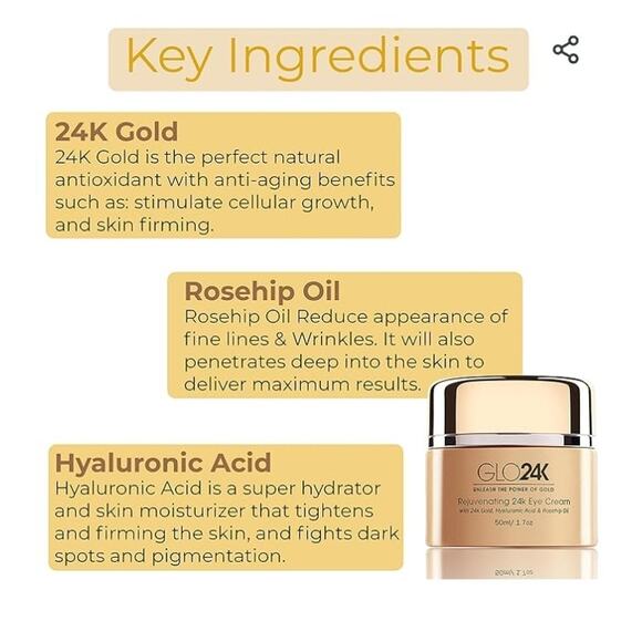 ANTI AGING EYE CREAM GLO24K REJUVENATING CREAM MINIMIZES WRINKLES & FINE LINES - Picture 3 of 6